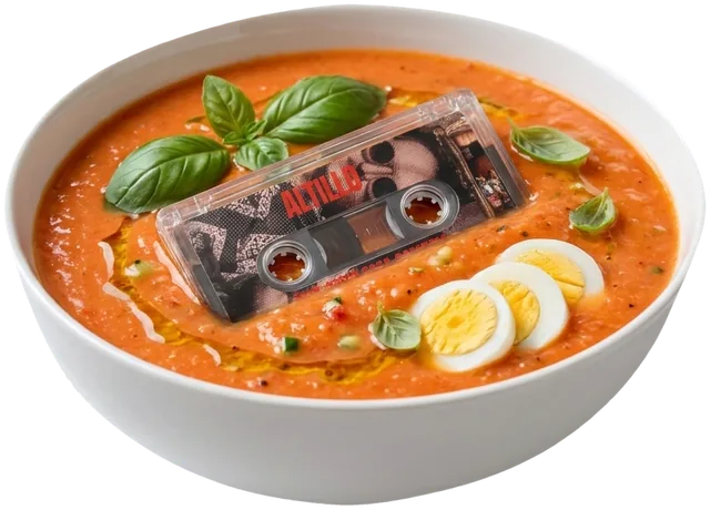 Cassette de Altillo flotando en un plato de gazpacho